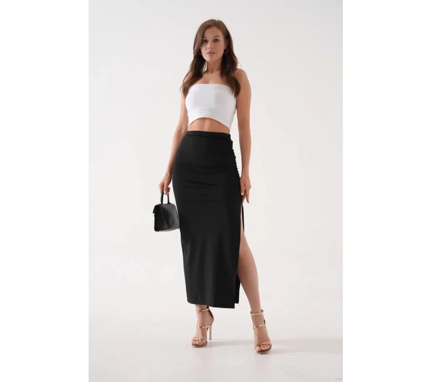 Uzun yırtmaçlı ince kumaş etek siyah