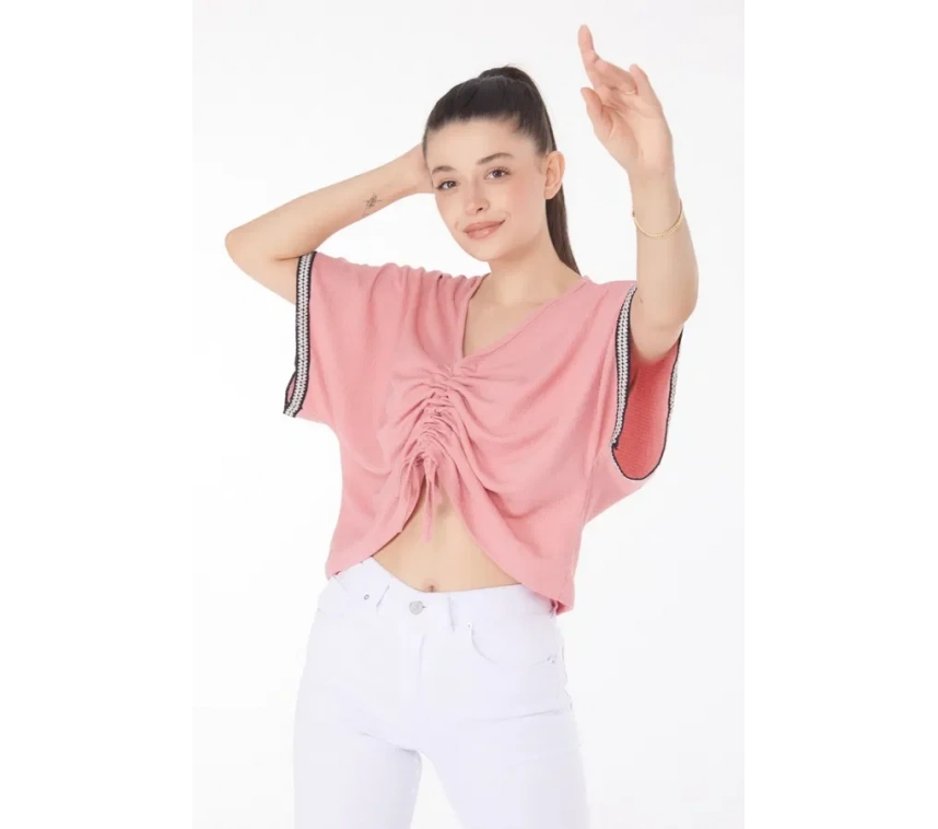 V yaka büzgülü detaylı bluz
