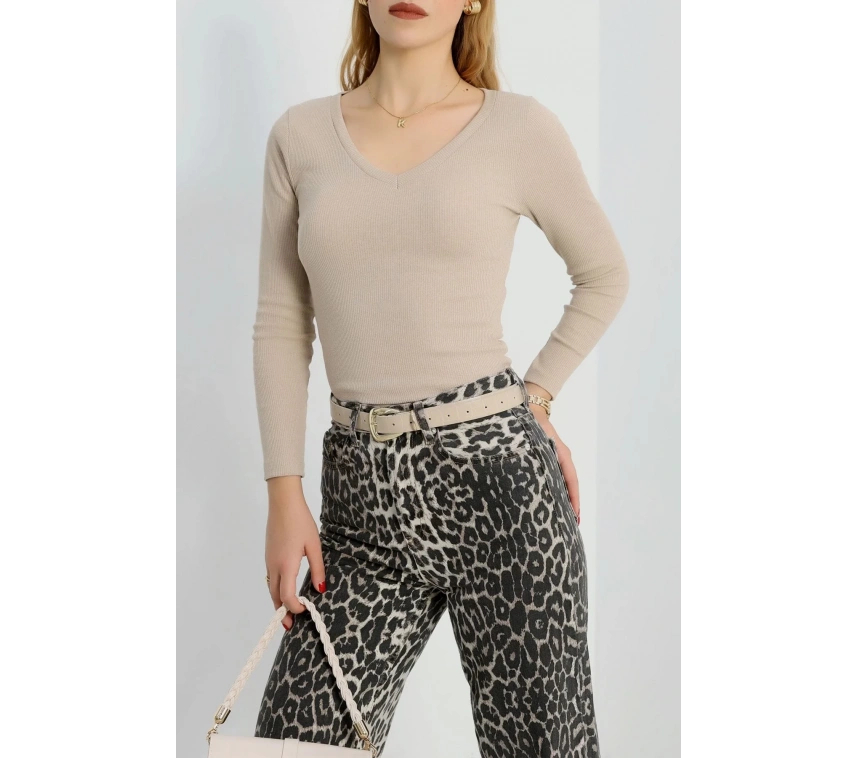 V yaka kaşkorse bluz bej a3699