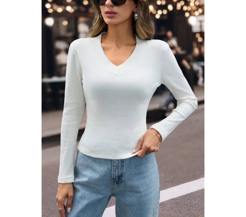 V yaka kaşkorse bluz beyaz