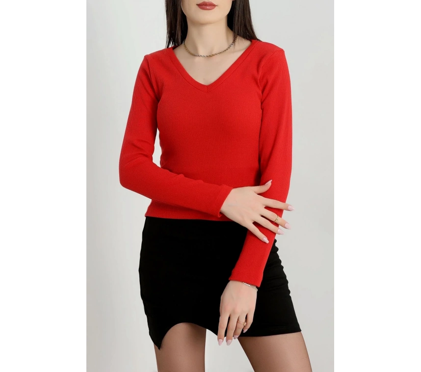 V yaka kaşkorse bluz kırmızı