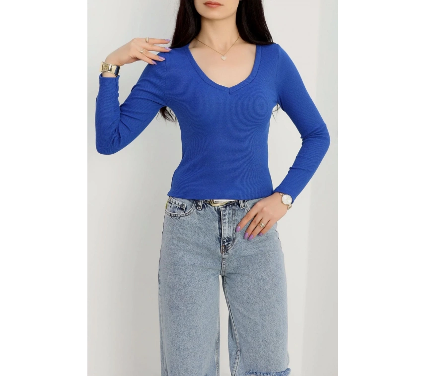 V yaka kaşkorse bluz saks mavisi a3699
