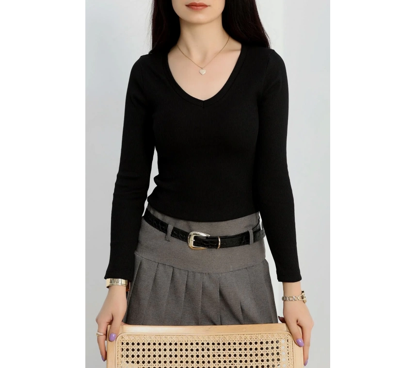 V yaka kaşkorse bluz siyah