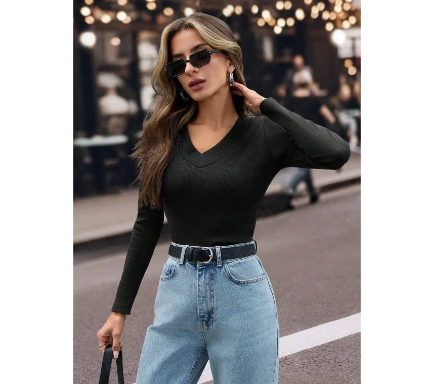 V yaka kaşkorse bluz siyah