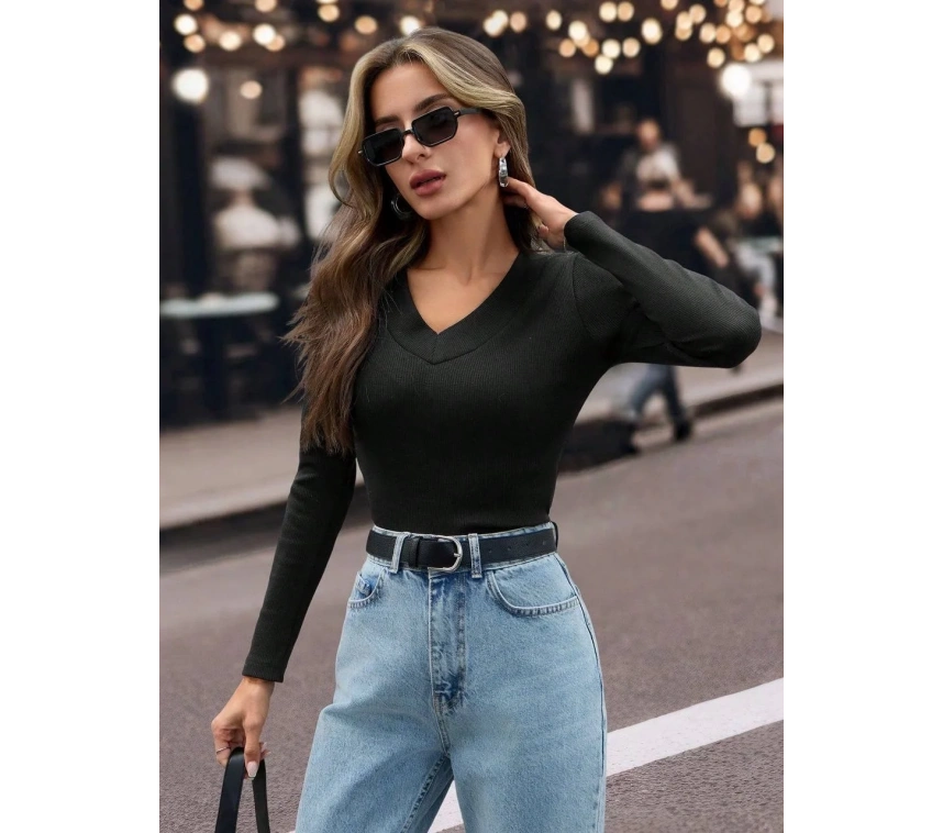 V yaka kaşkorse bluz siyah w3817