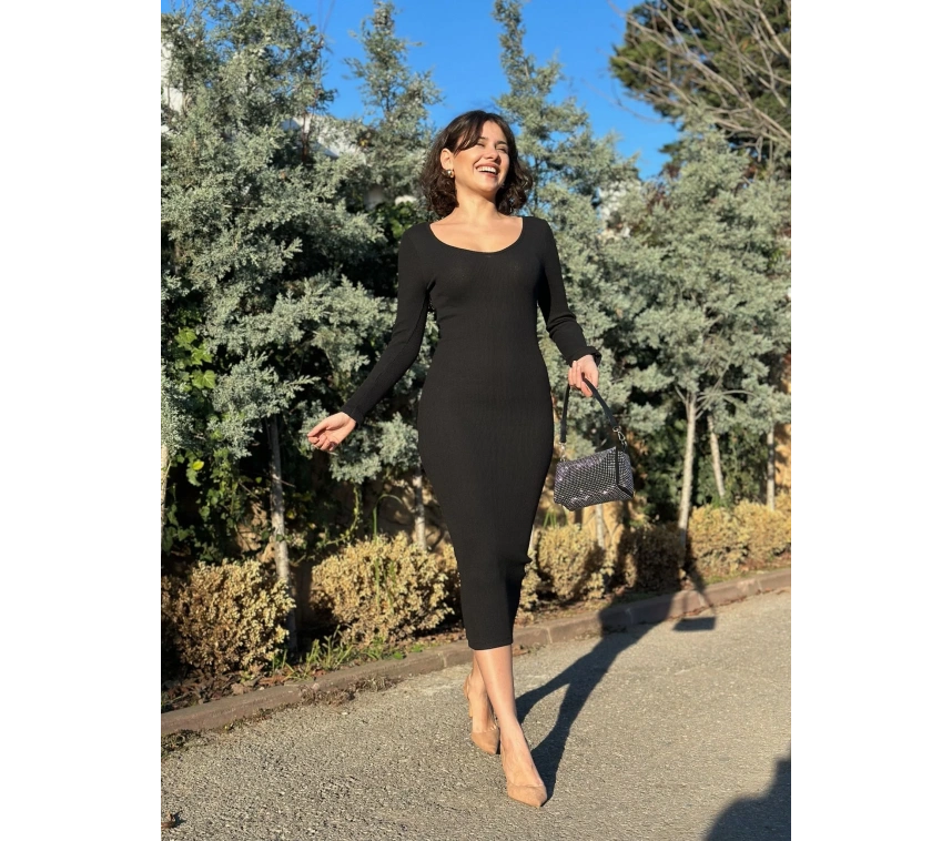 V yaka Uzun kollu midi boy elbise siyah