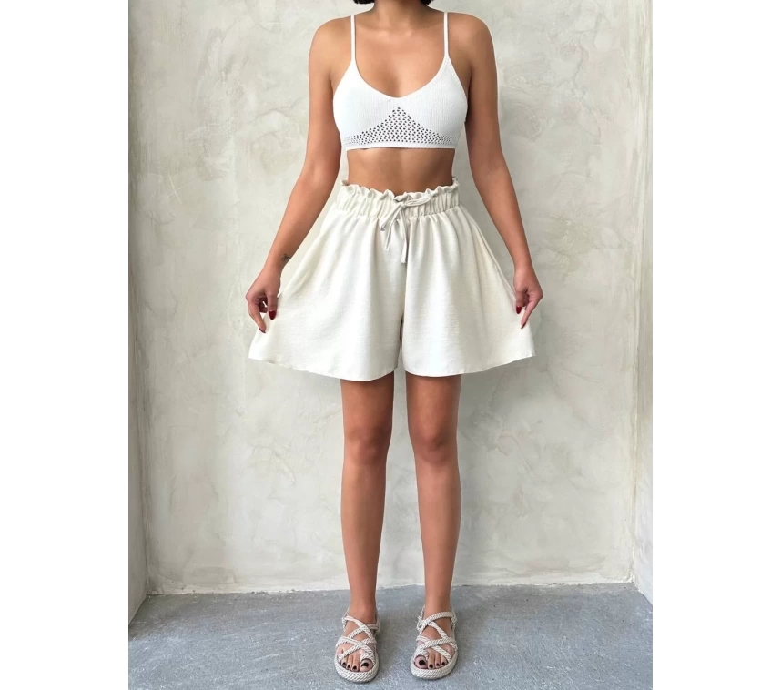 Volanlı keten şort bej s255058
