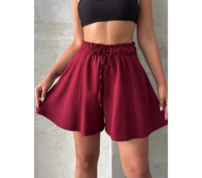 Volanlı keten şort bordo s255058