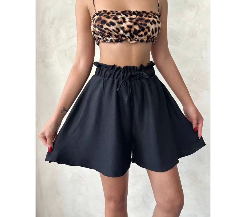Volanlı keten şort siyah s255058