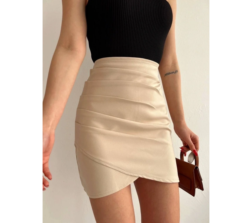 Yandan drapeli asimetrik etek bej