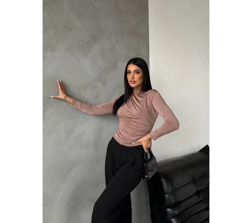 Yarım boğazlı bluz vizon f2245