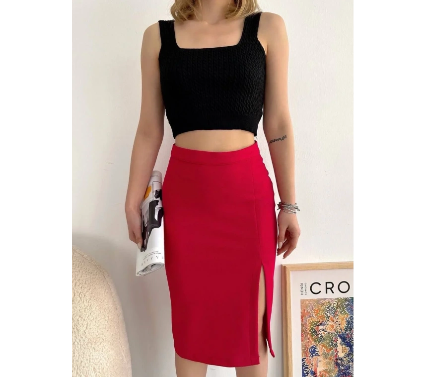 Yırtmaçlı esnek kumaş midi boy etek koyu kırmızı