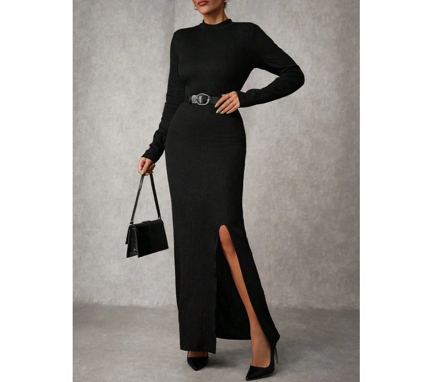 Yırtmaçlı jakarlı uzun elbise siyah