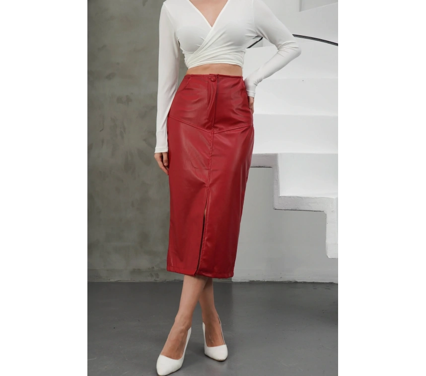 Yırtmaçlı uzun deri etek bordo