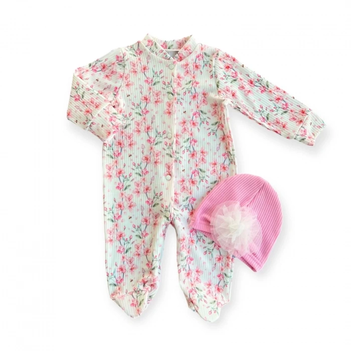 Eterelle 0-3-6-9 Ay Çiçek Baskılı Tam Boy Çıtçıtlı Patikli Güllü Boneli Kız Bebek Tulumu Pembe