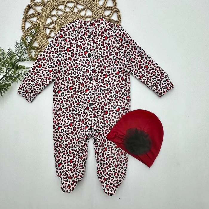 Eterelle 0-3-6-9 Ay Leopar Baskılı Tam Boy Çıtçıtlı Patikli Güllü Boneli Kız Bebek Tulumu Bordo