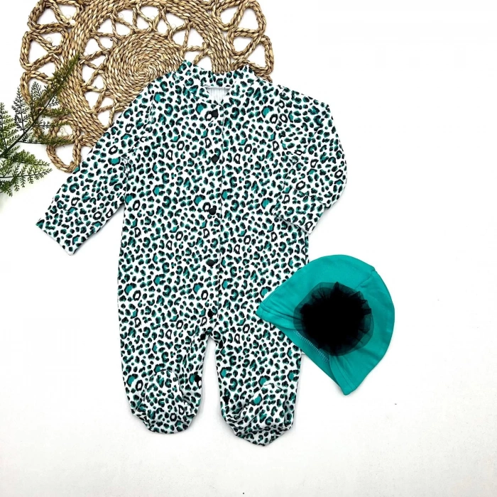 Eterelle 0-3-6-9 Ay Leopar Baskılı Tam Boy Çıtçıtlı Patikli Güllü Boneli Kız Bebek Tulumu Turkuaz