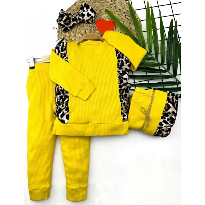 Eterelle 2-3-4-5 Yaş Bandanalı Leopar Baskılı Uzun Kollu 2li Kız Çocuk Takımı Sarı