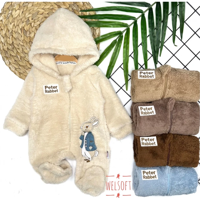 Eterelle 3-6-9-12 Ay Rabbit Tavşan Nakışlı Fermuar Kapamalı Patikli Tüylü Erkek Bebek Tulumu Bej