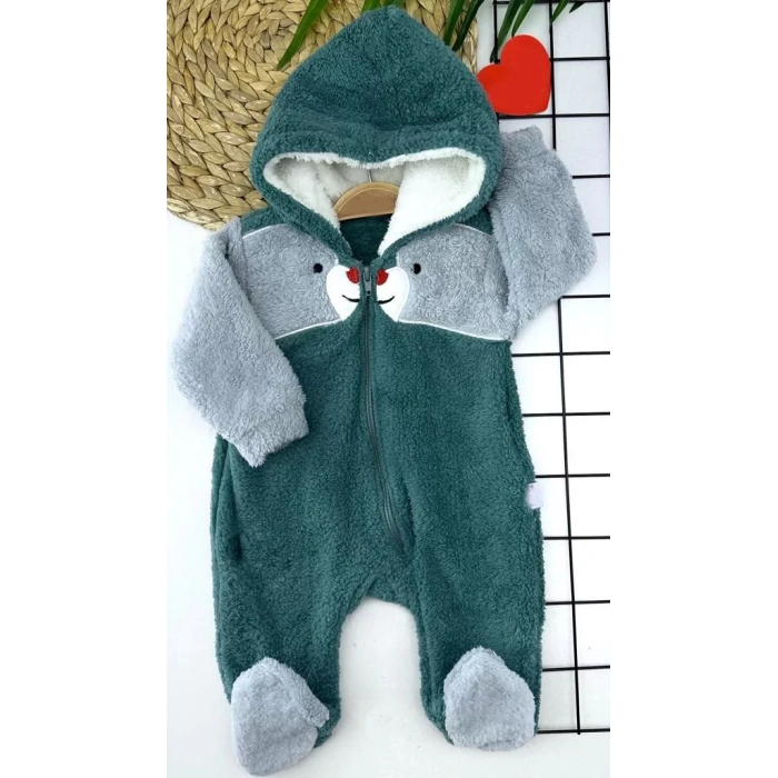 Eterelle 6-9-12-18 Ay Boydan Fermuarlı Welsoft Tüylü Kumaş Kapşonlu Patikli Kız Erkek Bebek Tulumu Petrol Mavisi