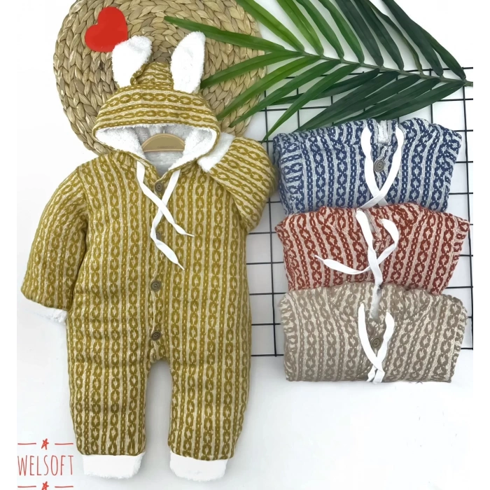 Eterelle 6-9-12-18 Ay Düğme Kapamalı Kulaklı Kapşonlu Triko Kumaş Kız Erkek Bebek Tulumu Bej