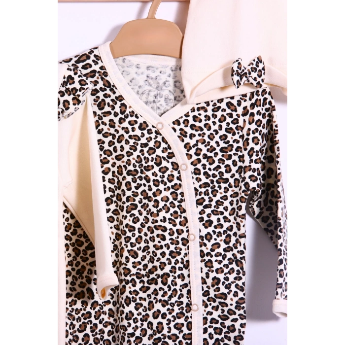 Eterelle Açık Kahve Leopar Desenli Kız Bebek 4lü Tulum Seti