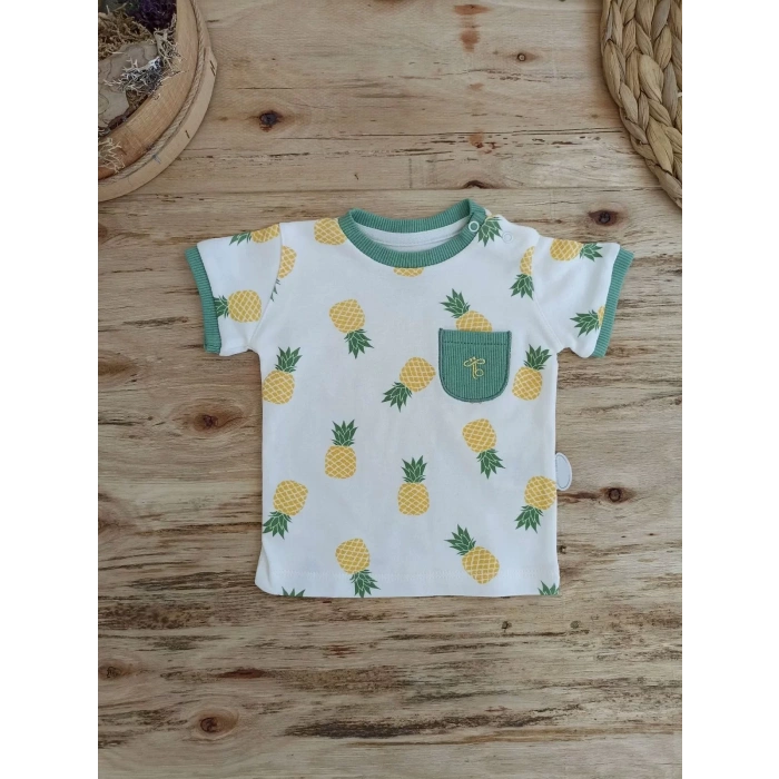 Eterelle 3-6 6-9 9-12 Ay Ananas Baskılı Şort Tişört 2 Li Kız Erkek Bebek Takımı Yeşil