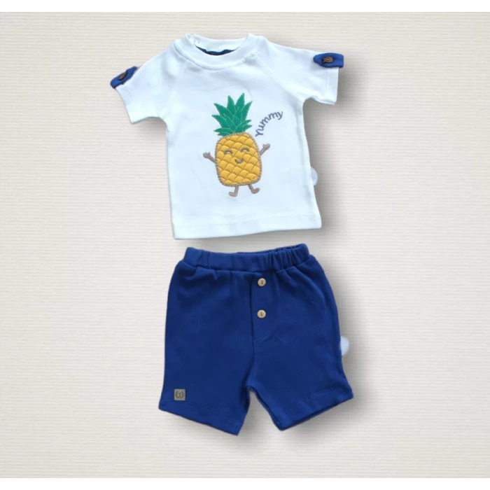Eterelle 6-9 9-12 12-18 Ay Ananas Nakışlı Kısa Kollu Sweatli Şortlu 2li Kız-erkek Bebek Takımı Mavi