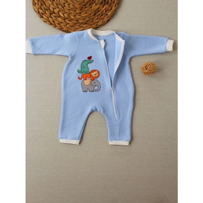 Eterelle 6-9 12-18 18-24 24-36 Ay Animal Nakışlı Bal Peteği Kumaş Es Fermuarlı Erkek Bebek Tulumu Mavi