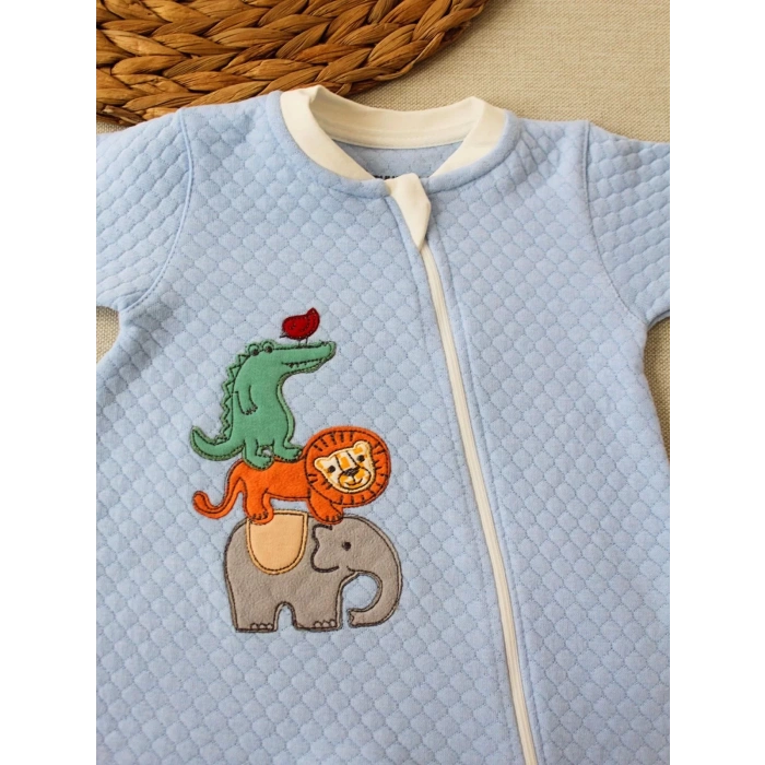 Eterelle 6-9 12-18 18-24 24-36 Ay Animal Nakışlı Bal Peteği Kumaş Es Fermuarlı Erkek Bebek Tulumu Mavi