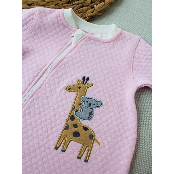 Eterelle 6-9 12-18 18-24 24-36 Ay Animal Nakışlı Bal Peteği Kumaş Es Fermuarlı Kız Bebek Tulumu Pembe