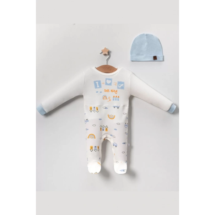 Eterelle Araba Desenli Mavi 2li Şapkalı Erkek Bebek Tulumu