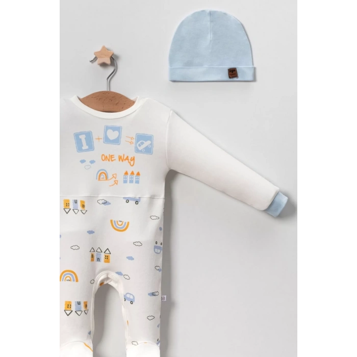 Eterelle Araba Desenli Mavi 2li Şapkalı Erkek Bebek Tulumu