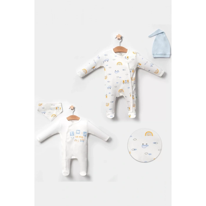 Eterelle Araba Desenli Mavi 4lü Erkek Bebek Tulumu