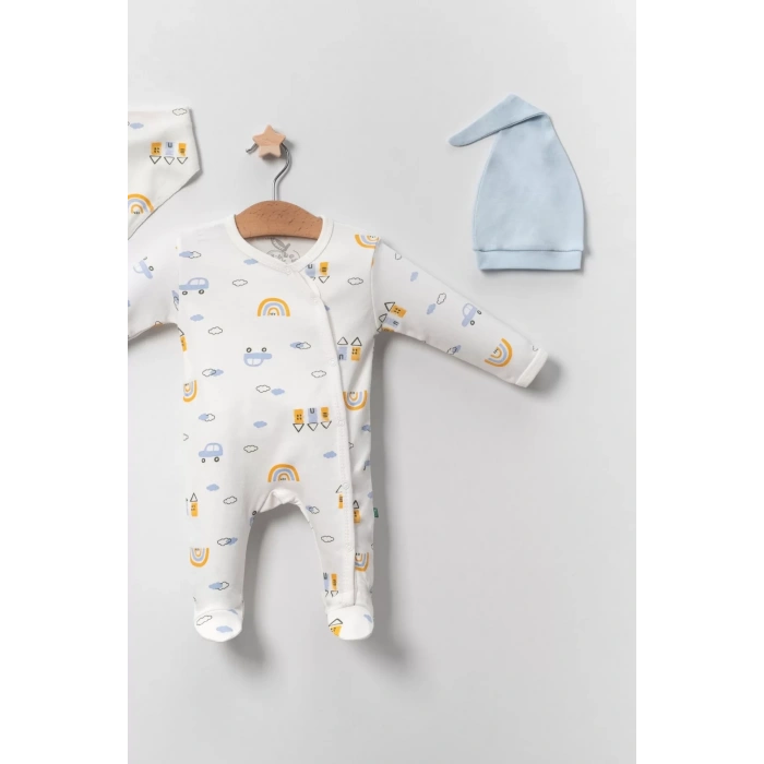 Eterelle Araba Desenli Mavi 4lü Erkek Bebek Tulumu