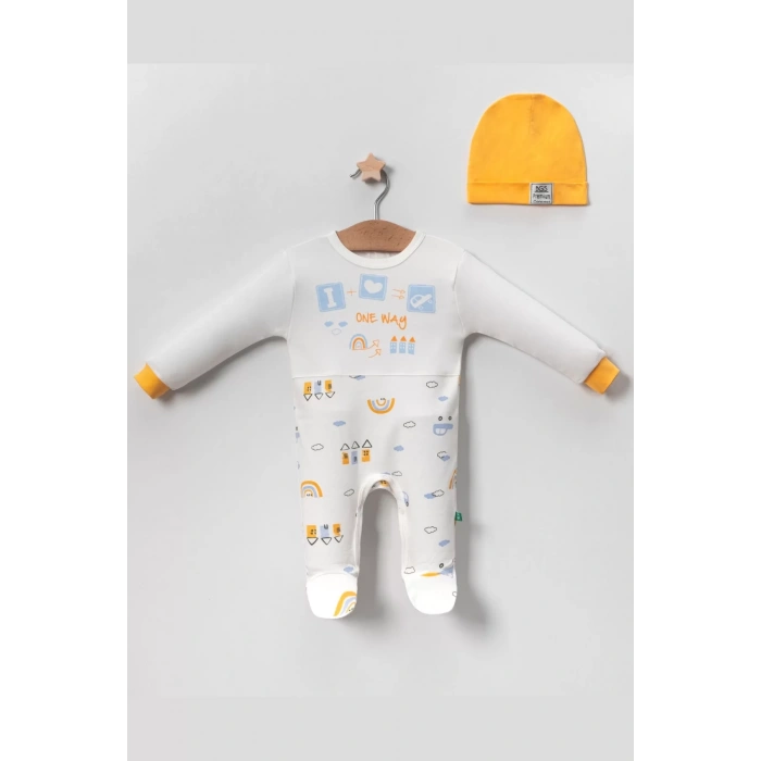 Eterelle Araba Desenli Sarı 2li Şapkalı Erkek Bebek Tulumu