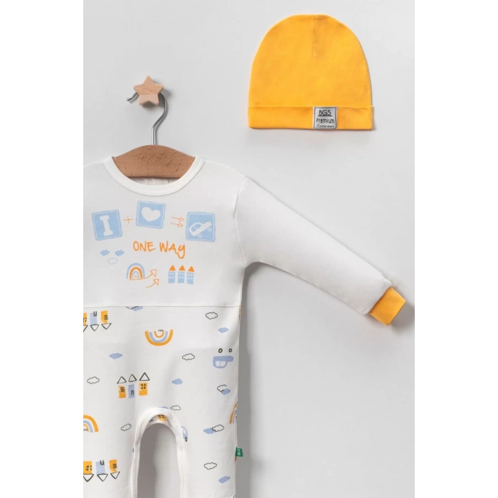 Eterelle Araba Desenli Sarı 2li Şapkalı Erkek Bebek Tulumu