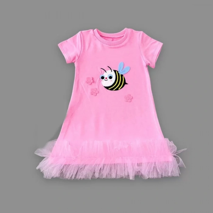 Eterelle 1-2-3 Yaş Arıcık Nakışlı Eteği Fırfırlı Jile Kız Çocuk Elbisesi Pembe