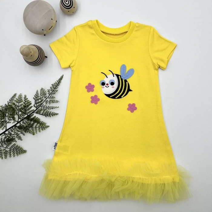 Eterelle 1-2-3 Yaş Arıcık Nakışlı Eteği Fırfırlı Jile Kız Çocuk Elbisesi Sarı