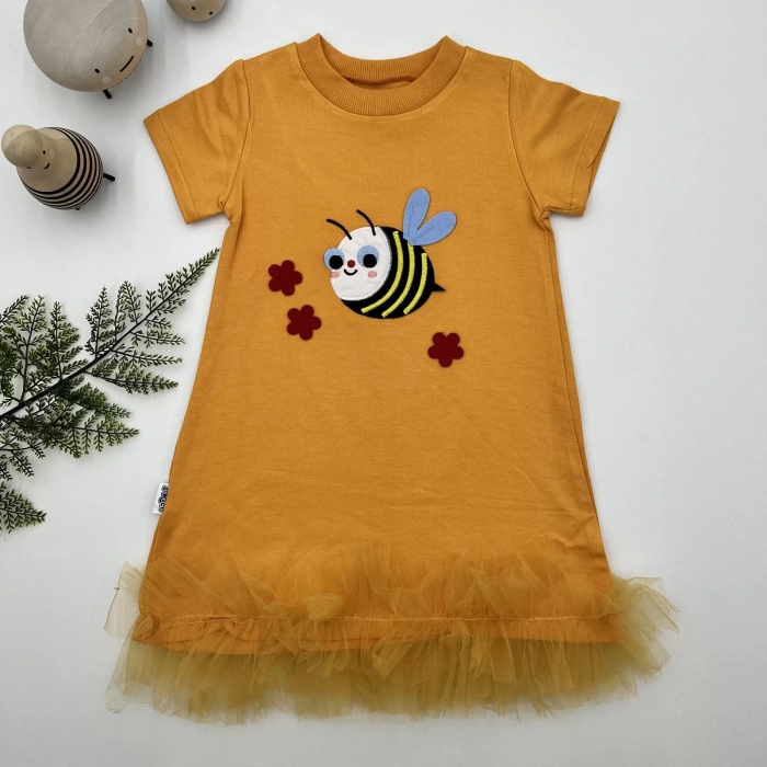 Eterelle 1-2-3 Yaş Arıcık Nakışlı Eteği Fırfırlı Jile Kız Çocuk Elbisesi Turuncu