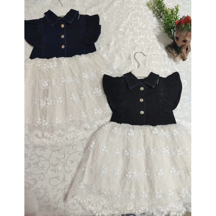 Eterelle 2-3-4 Yaş Astarlı Brode Etekli Kot Kumaş Düğmeli Kız Çocuk Elbisesi Lacivert