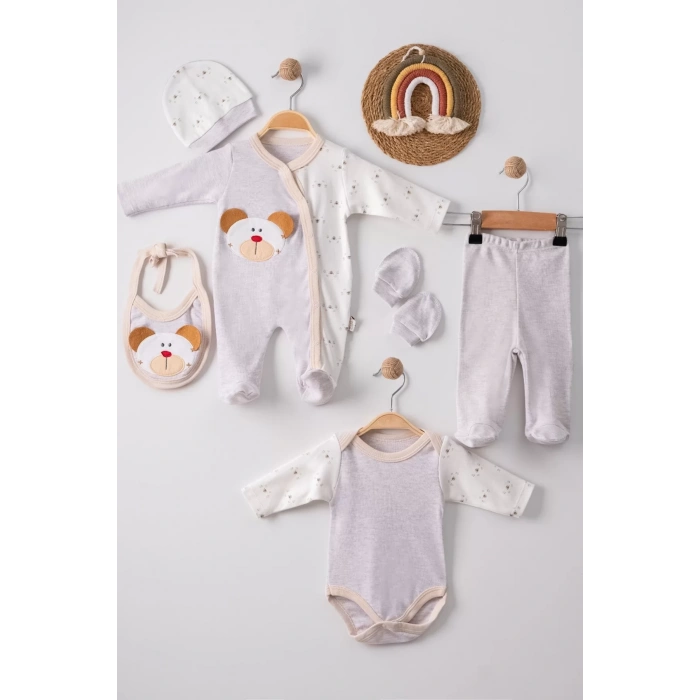 Eterelle Ayıcık Detaylı Nakışlı Tulumlu % 100 Pamuk Erkek Bebek 5li Set