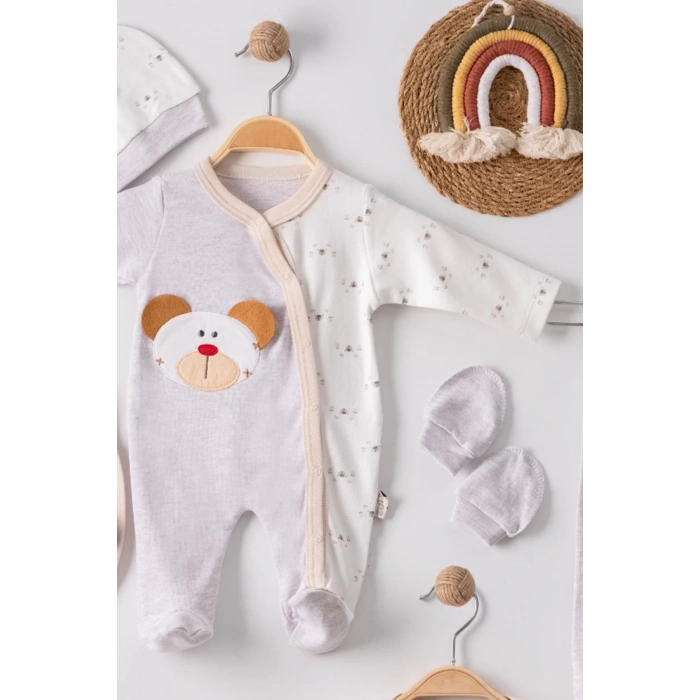 Eterelle Ayıcık Detaylı Nakışlı Tulumlu % 100 Pamuk Erkek Bebek 5li Set