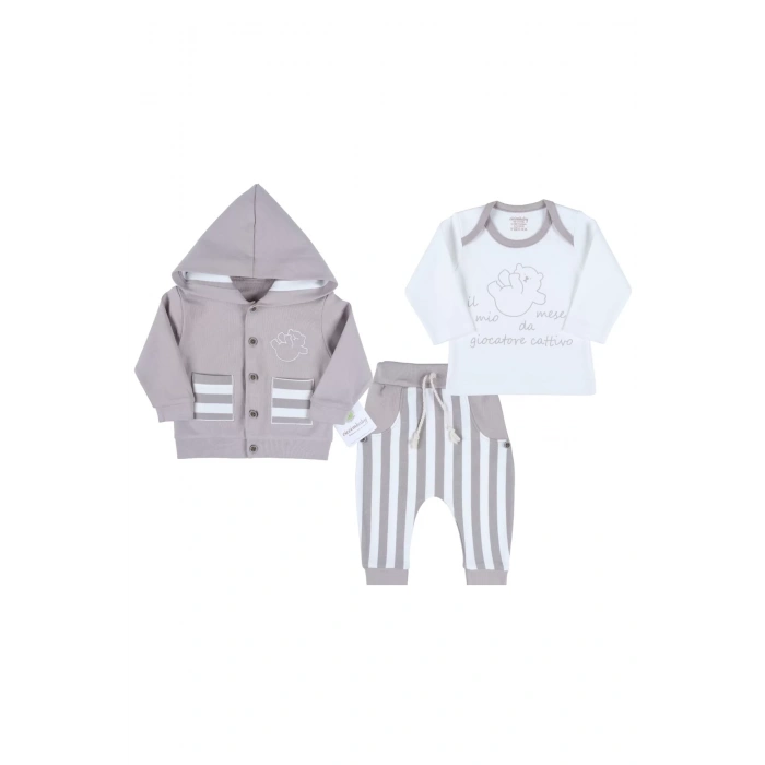 Eterelle Ayıcık Nakışlı Hırkalı % 100 Pamuk Erkek Bebek Takım