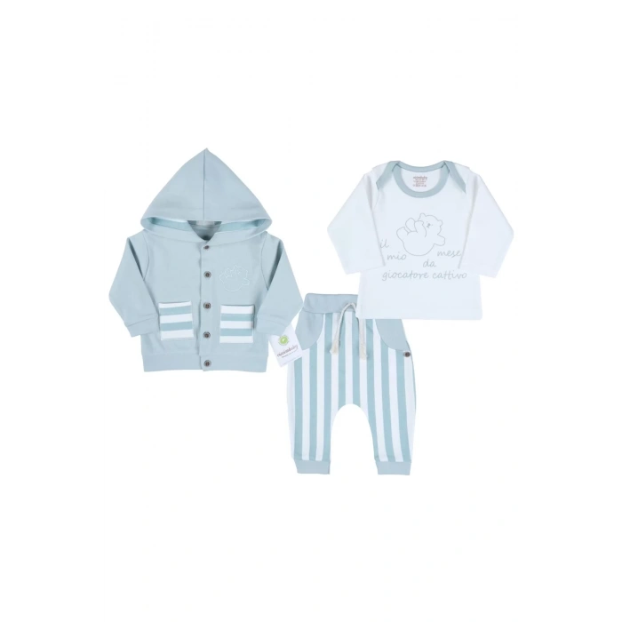 Eterelle Ayıcık Nakışlı Hırkalı % 100 Pamuk Erkek Bebek Takım