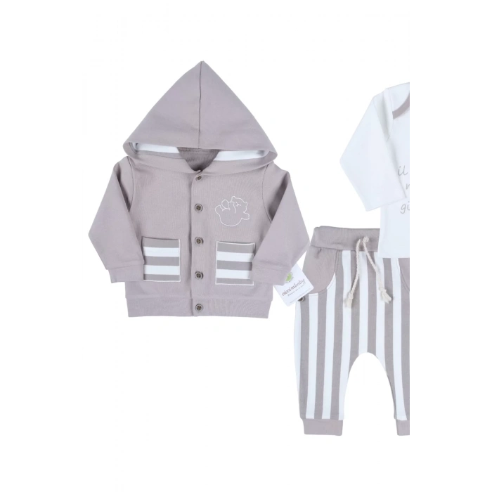 Eterelle Ayıcık Nakışlı Hırkalı % 100 Pamuk Erkek Bebek Takım