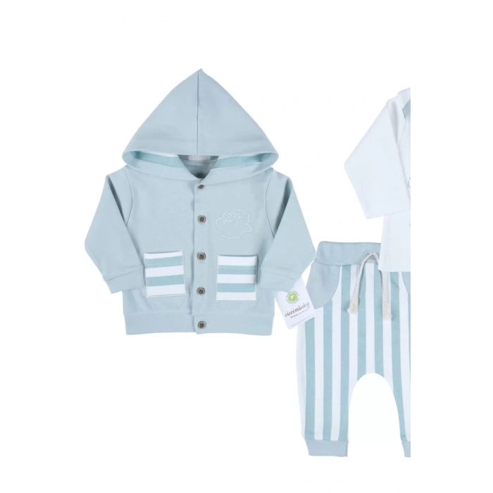 Eterelle Ayıcık Nakışlı Hırkalı % 100 Pamuk Erkek Bebek Takım