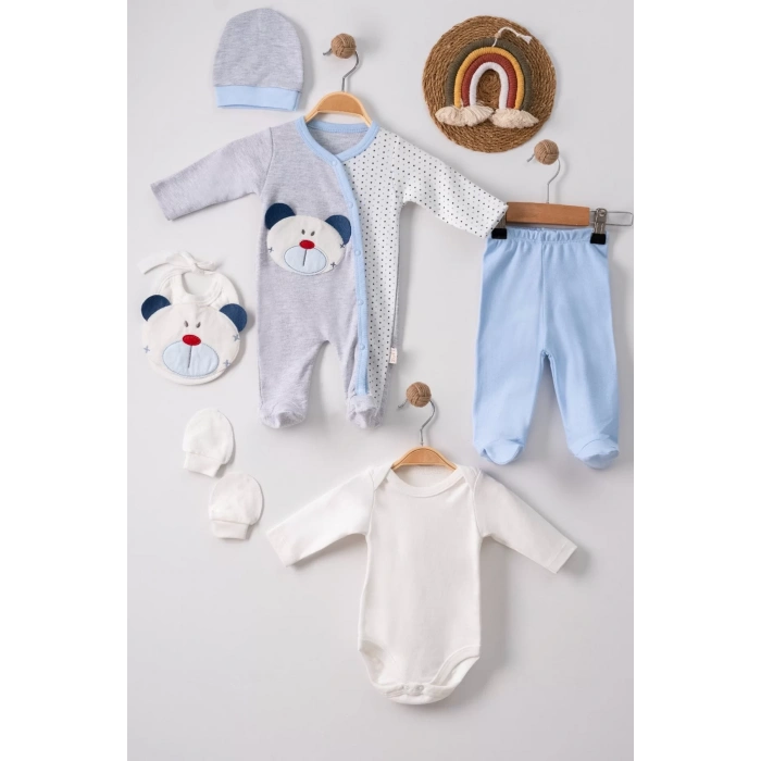 Eterelle Ayıcık Nakışlı Tulumlu % 100 Pamuk Erkek Bebek 5li Set