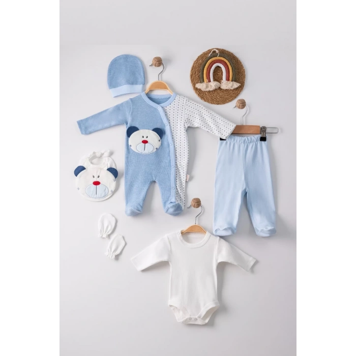 Eterelle Ayıcık Nakışlı Tulumlu % 100 Pamuk Erkek Bebek 5li Set