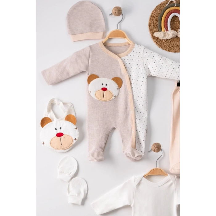 Eterelle Ayıcık Nakışlı Tulumlu % 100 Pamuk Erkek Bebek 5li Set